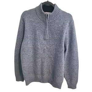 LL Bean Mens M 1/4 Zip Sweater Shetland Wool Blue Corduroy Elbow Patches Preppy